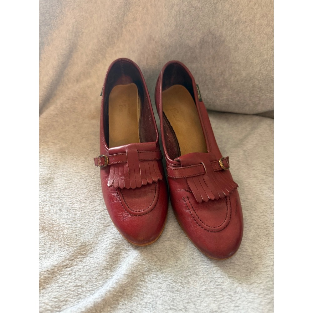Bass Vintage Kiltie Loafer Pumps Womens 9 M Burgundy Leather Block Heel Fringe